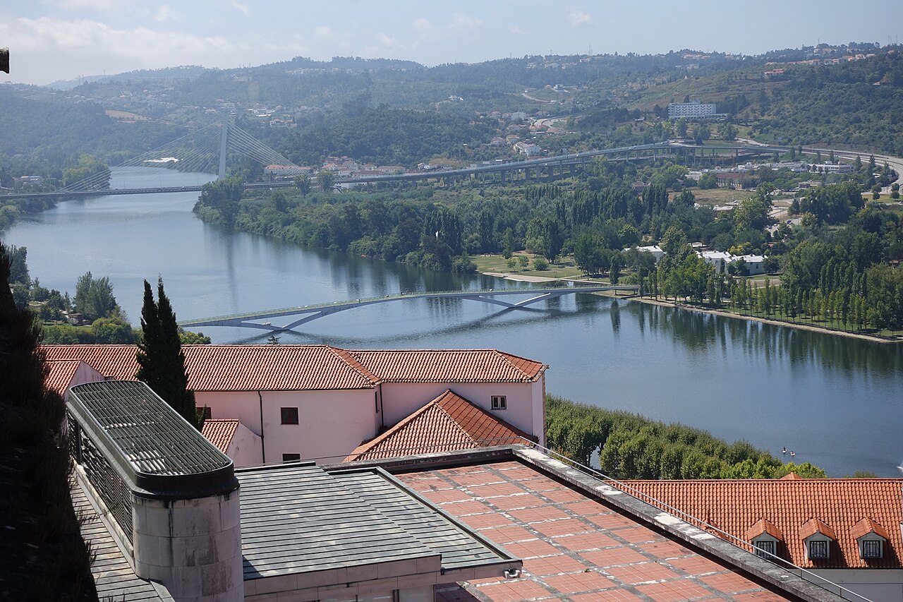 Coimbra's river, pedestrian bridge, a road bridge, wooded banks and roofs in the foreground.
